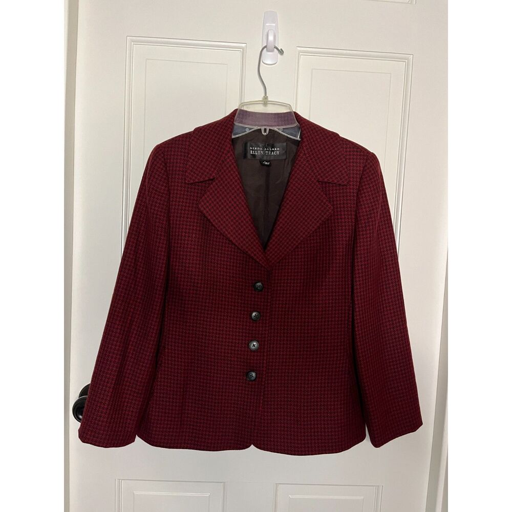Linda Allard Ellen Tracy Womens 4 Wool Cashmere Houndstooth Blazer Red Black